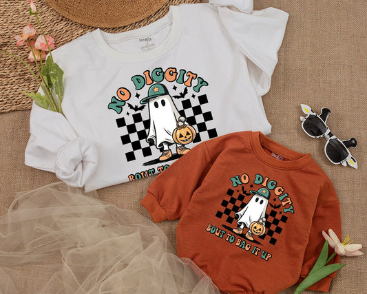 Retro Halloween Ghost Sweatshirt No Diggity Bout To Bag It Up Cartoon Toddler Baby Kid Fall Vintage Spooky Orange Green Tan Black White Bats
