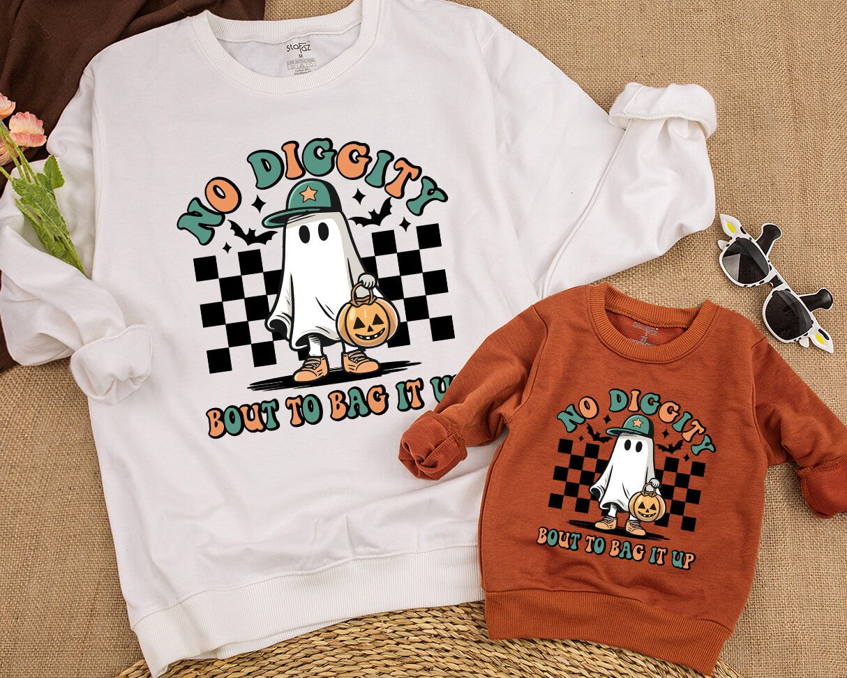 Retro Halloween Ghost Sweatshirt No Diggity Bout To Bag It Up Cartoon Toddler Baby Kid Fall Vintage Spooky Orange Green Tan Black White Bats