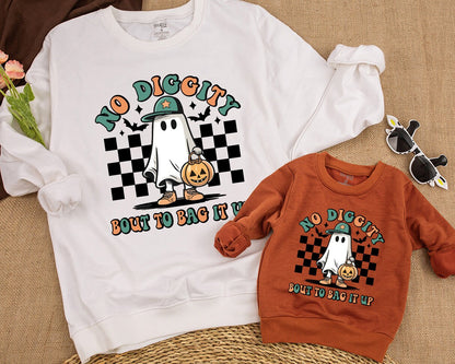 Retro Halloween Ghost Sweatshirt No Diggity Bout To Bag It Up Cartoon Toddler Baby Kid Fall Vintage Spooky Orange Green Tan Black White Bats