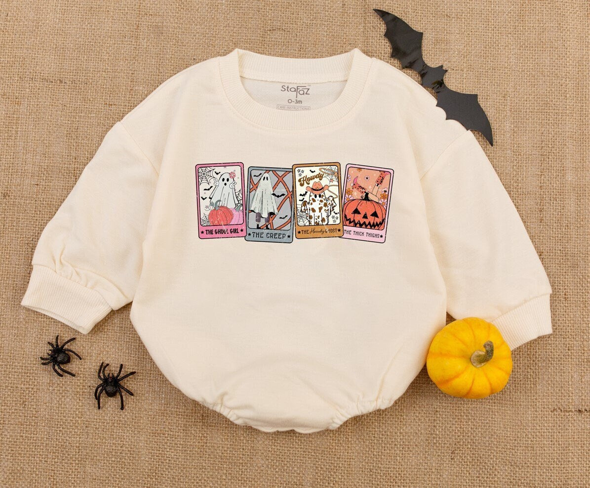 Retro Halloween Ghost Tarot Baby Romper Pastel Spooky Vintage Cards First Halloween Outfit Newborn Clothes Baby Shower Gift Whimsical Design