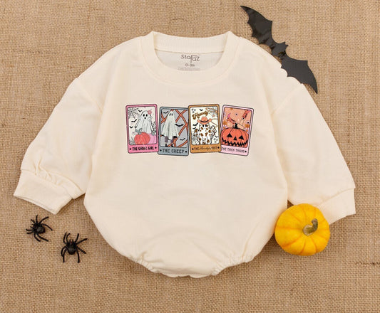 Retro Halloween Ghost Tarot Baby Romper Pastel Spooky Vintage Cards First Halloween Outfit Newborn Clothes Baby Shower Gift Whimsical Design
