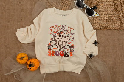 Cute Girls Stay Spooky Ghost Sweatshirt Toddler Halloween Sweater Retro Floral Whimsical Mushroom Bat Star Fall Spooky Season Kids Costume Party Outfit Comfortable