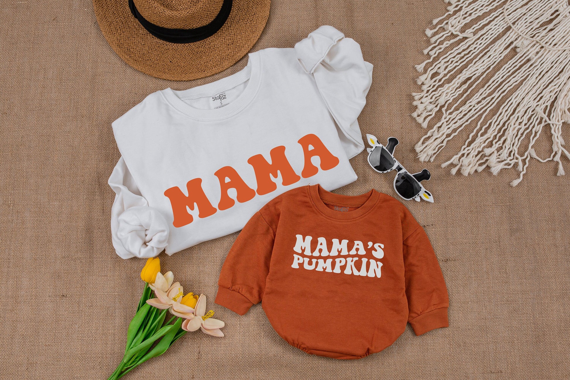Mama and Mama's Pumpkin Fall Sweatshirts Retro Playful Mommy and Me Matching Cozy Mom Baby Toddler Thanksgiving Outfit