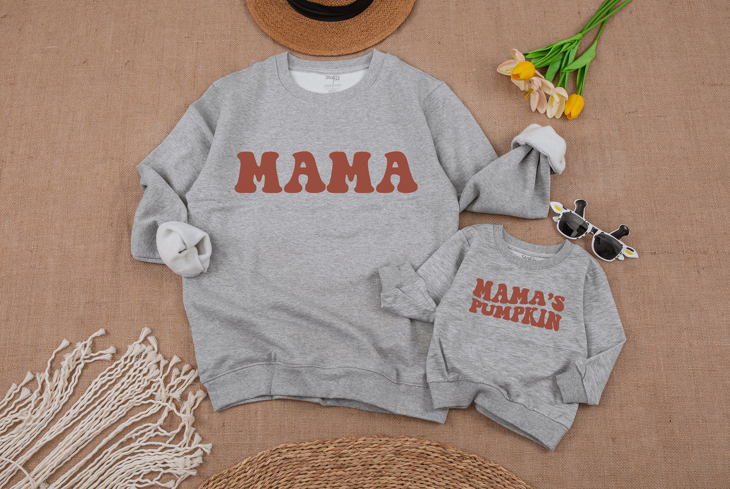 Mama and Mama's Pumpkin Fall Sweatshirts Retro Playful Mommy and Me Matching Cozy Mom Baby Toddler Thanksgiving Outfit