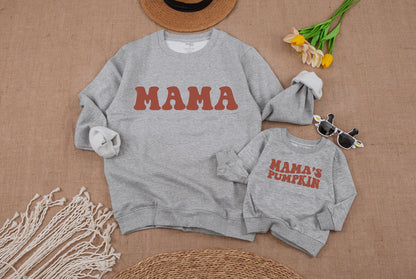 Mama and Mama's Pumpkin Fall Sweatshirts Retro Playful Mommy and Me Matching Cozy Mom Baby Toddler Thanksgiving Outfit