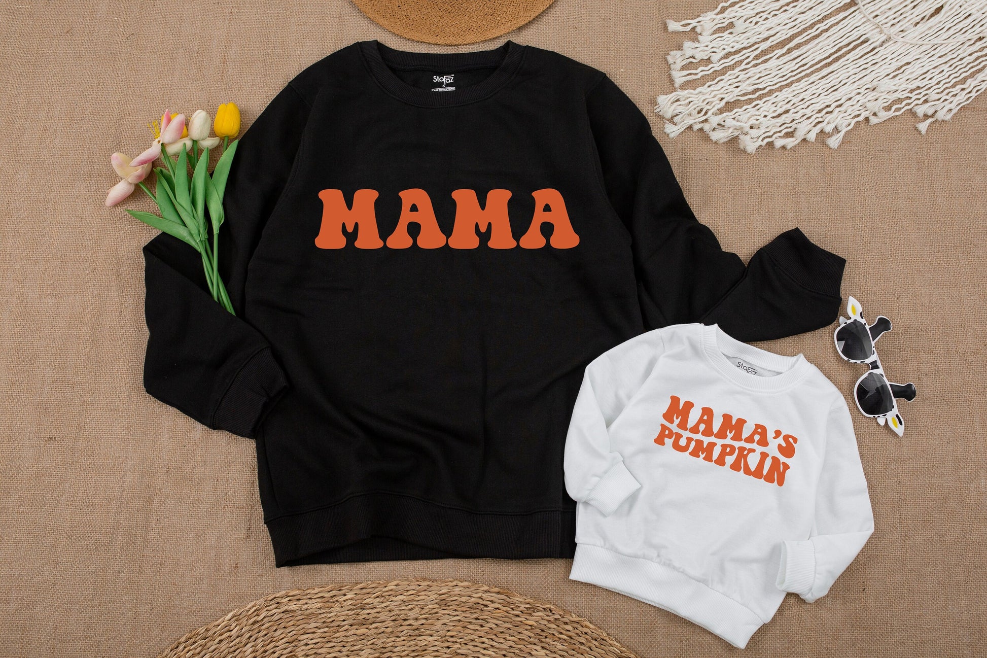 Mama and Mama's Pumpkin Fall Sweatshirts Retro Playful Mommy and Me Matching Cozy Mom Baby Toddler Thanksgiving Outfit