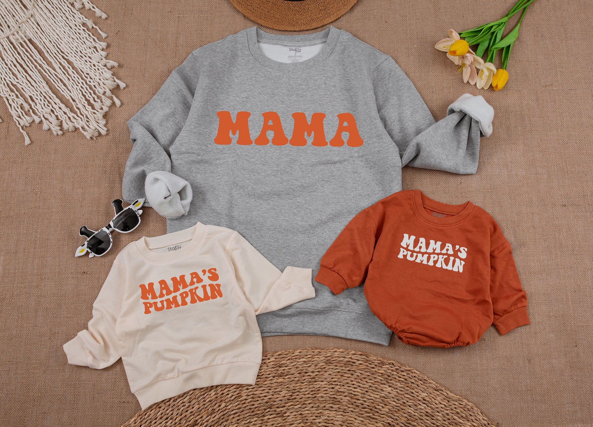Mama and Mama's Pumpkin Fall Sweatshirts Retro Playful Mommy and Me Matching Cozy Mom Baby Toddler Thanksgiving Outfit