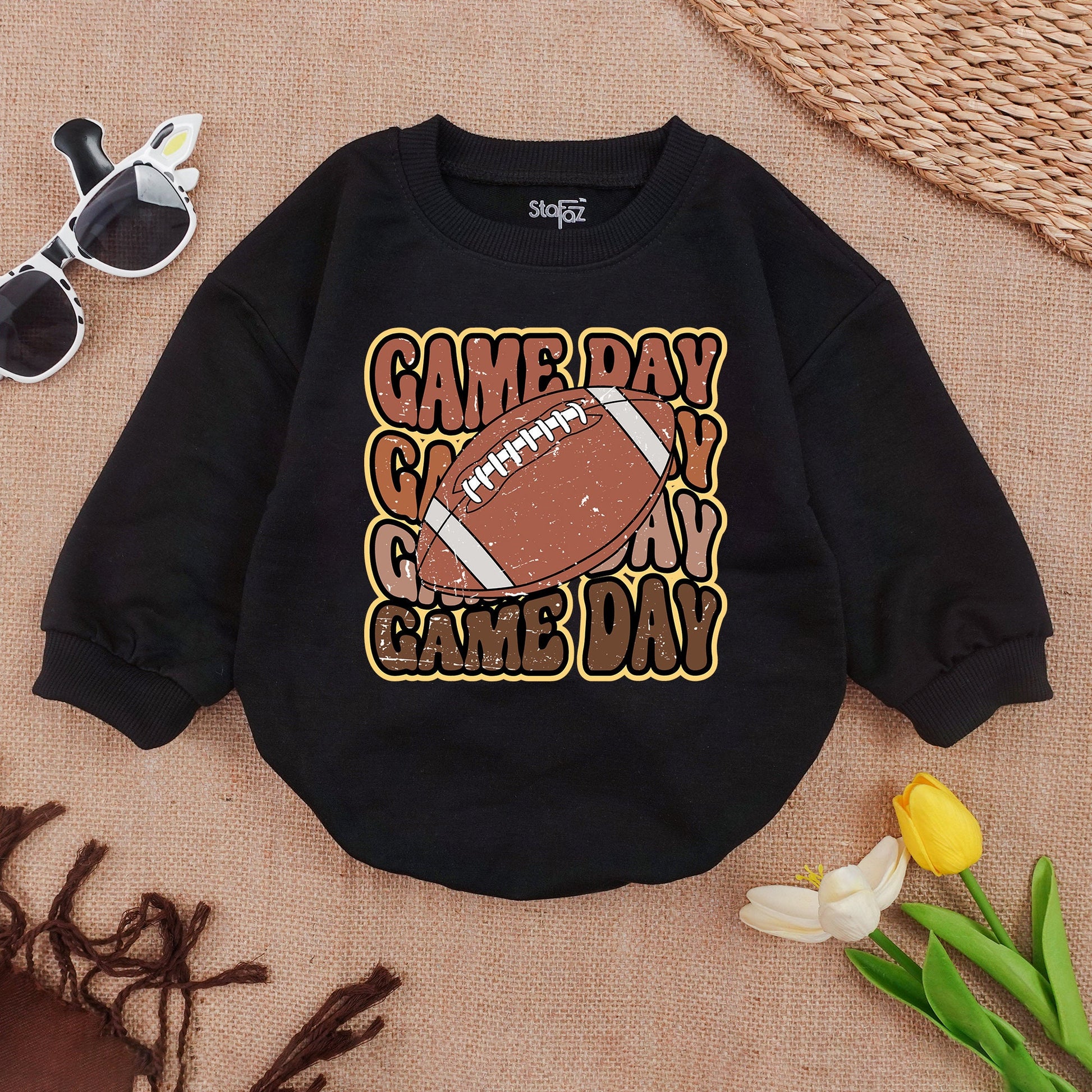 Oversized Gameday Baby Romper with Retro Football Design for Boy Girl, Tan Brown Game Day Outfit, Shower Gift, Super Bowl Jumpsuit