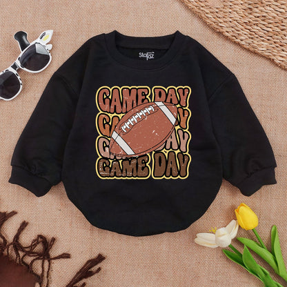 Oversized Gameday Baby Romper with Retro Football Design for Boy Girl, Tan Brown Game Day Outfit, Shower Gift, Super Bowl Jumpsuit