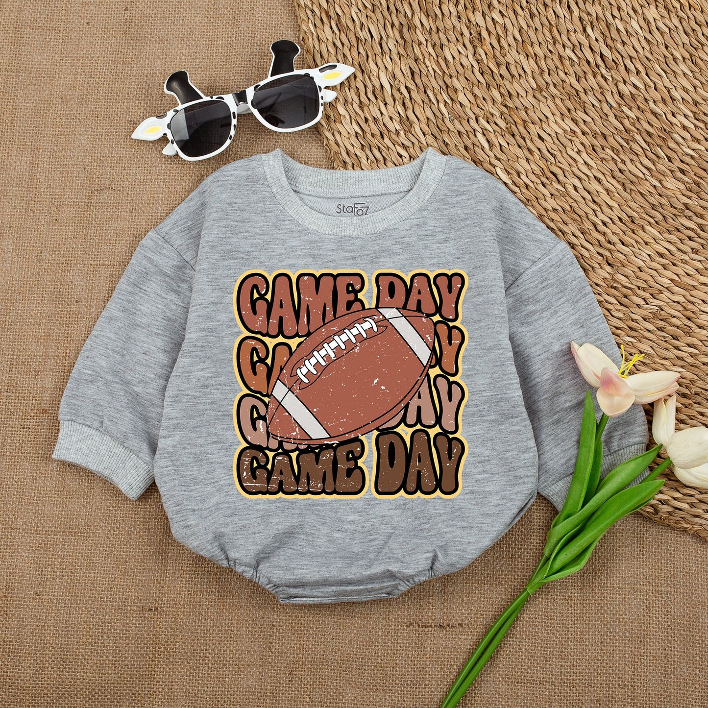 Oversized Gameday Baby Romper with Retro Football Design for Boy Girl, Tan Brown Game Day Outfit, Shower Gift, Super Bowl Jumpsuit