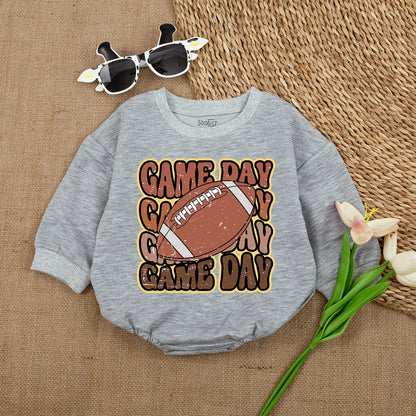 Oversized Gameday Baby Romper with Retro Football Design for Boy Girl, Tan Brown Game Day Outfit, Shower Gift, Super Bowl Jumpsuit
