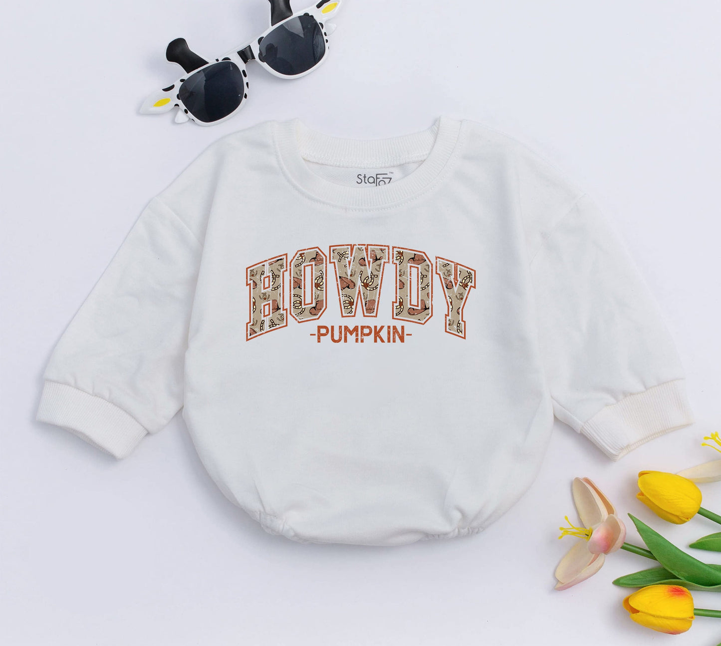 Retro Cowboy Pumpkin Romper: Cute Western Fall Baby Bodysuit Gift