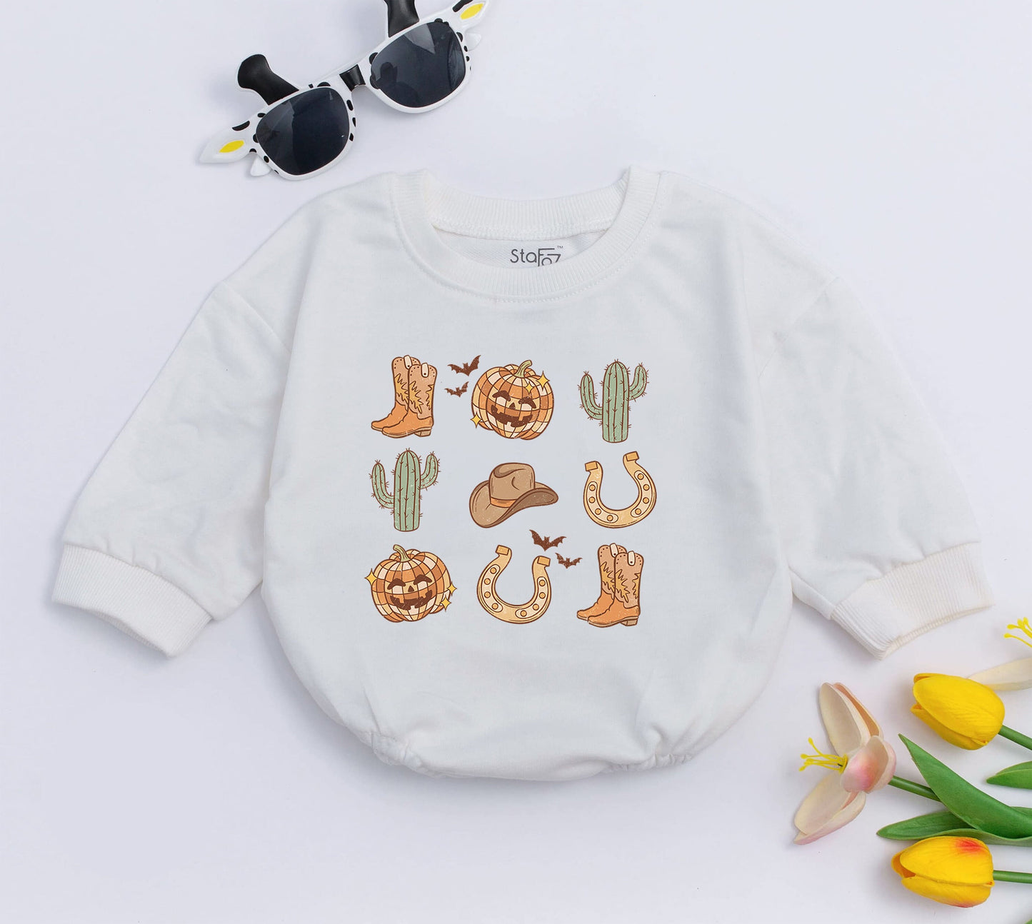 Pumpkin Cowboy Baby Romper for 1st Halloween - Western Bodysuit  