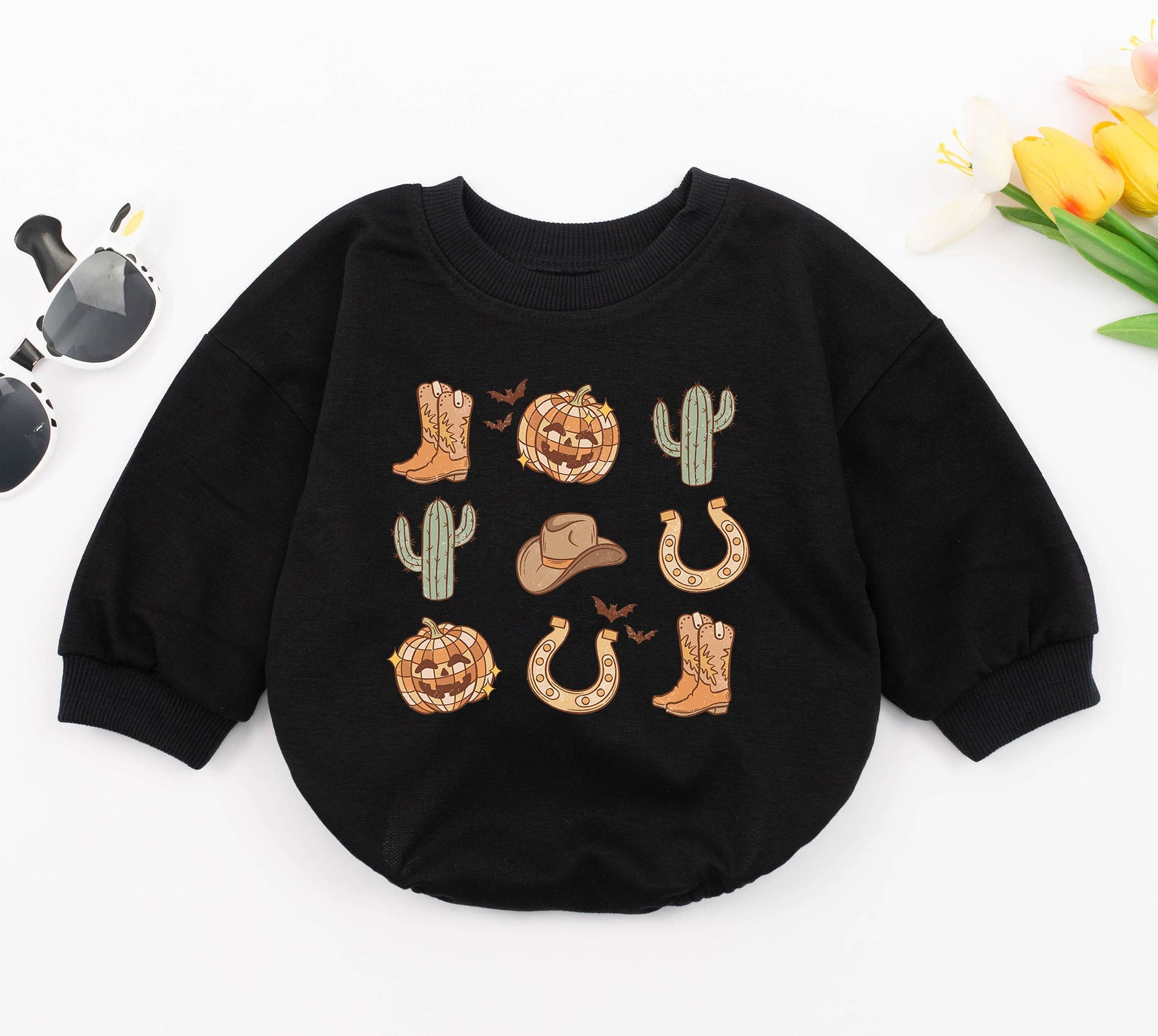 Pumpkin Cowboy Baby Romper for 1st Halloween - Western Bodysuit  