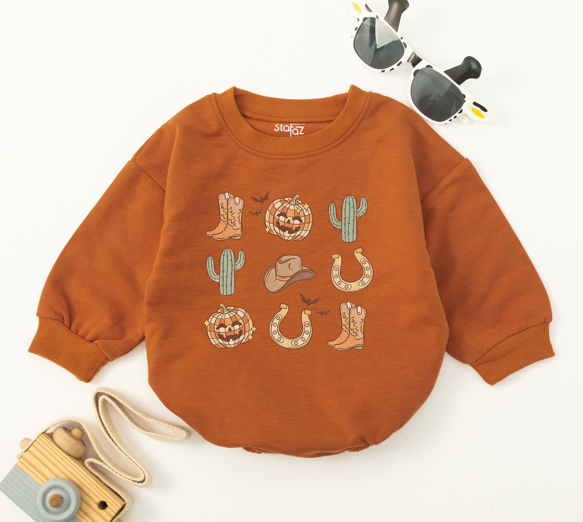 Pumpkin Cowboy Baby Romper for 1st Halloween - Western Bodysuit  