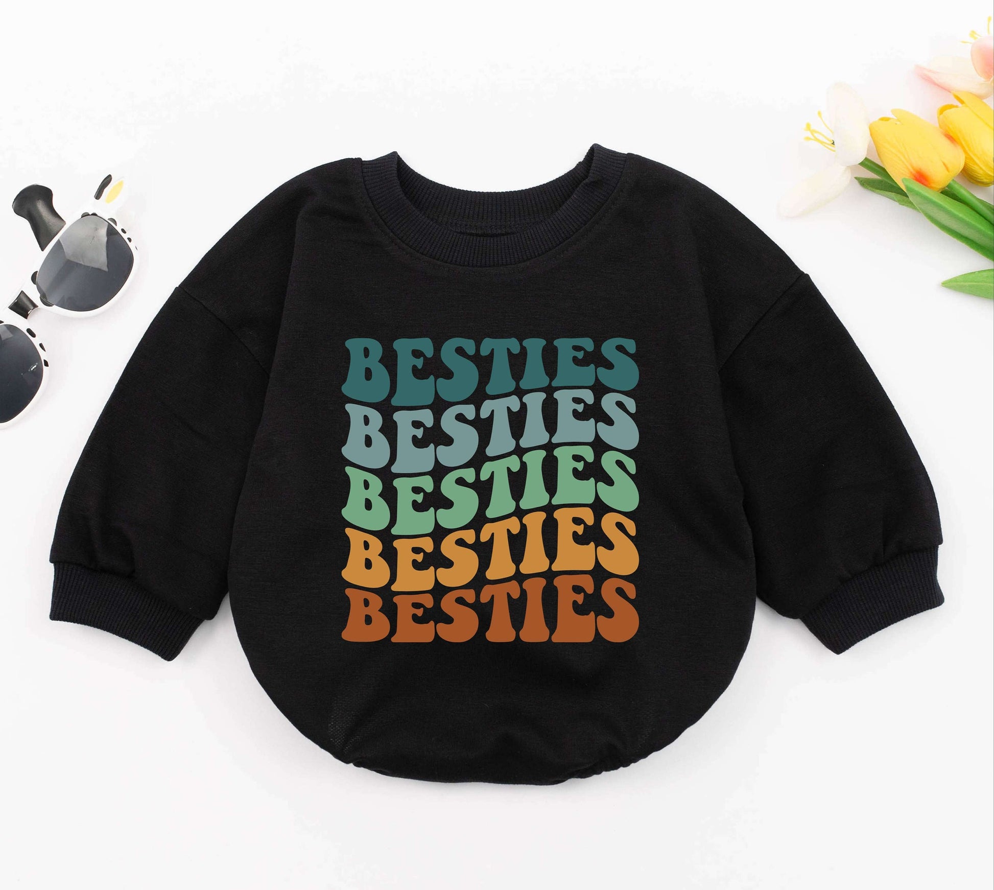 Wavy Besties Baby Girl One Piece Romper - Retro Best Friend Gift for Newborns, Baby Shower, & Baby Outfits