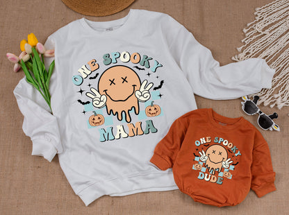 One Spooky Dude Halloween Birthday Sweatshirt 1st Baby Boy Retro Smiley Face Melting Pastel Pumpkin Patch Checkered Design Family Apparel