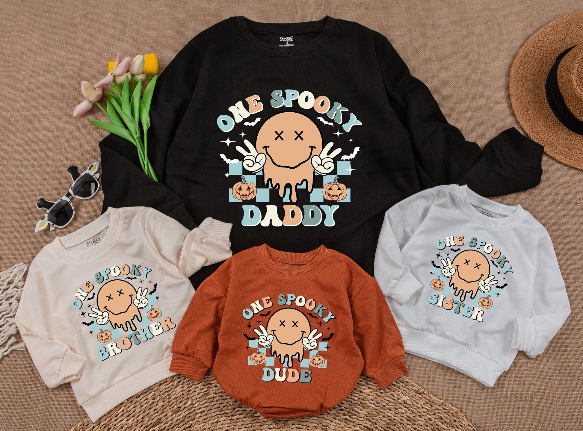 One Spooky Dude Halloween Birthday Sweatshirt 1st Baby Boy Retro Smiley Face Melting Pastel Pumpkin Patch Checkered Design Family Apparel