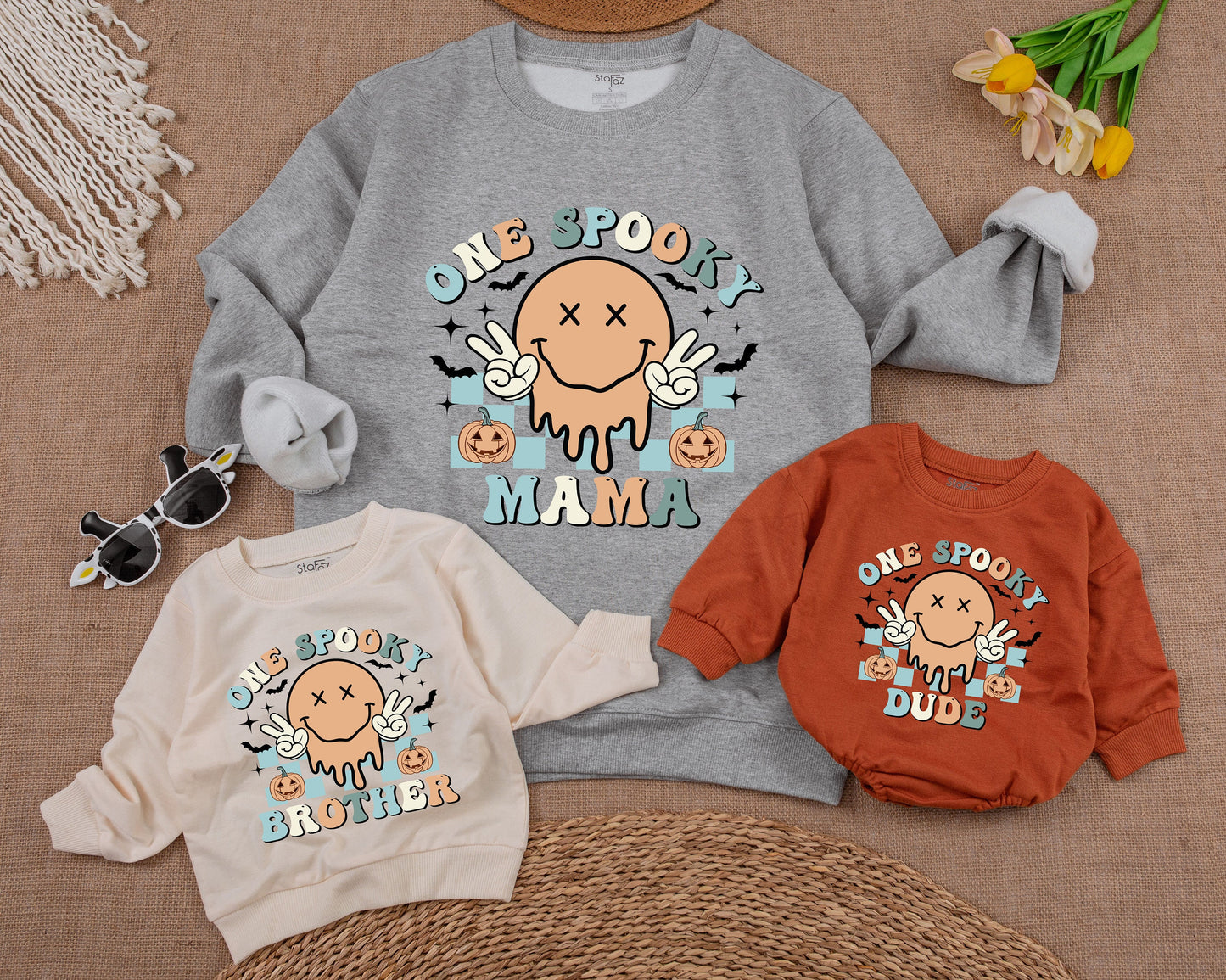 One Spooky Dude Halloween Birthday Sweatshirt 1st Baby Boy Retro Smiley Face Melting Pastel Pumpkin Patch Checkered Design Family Apparel