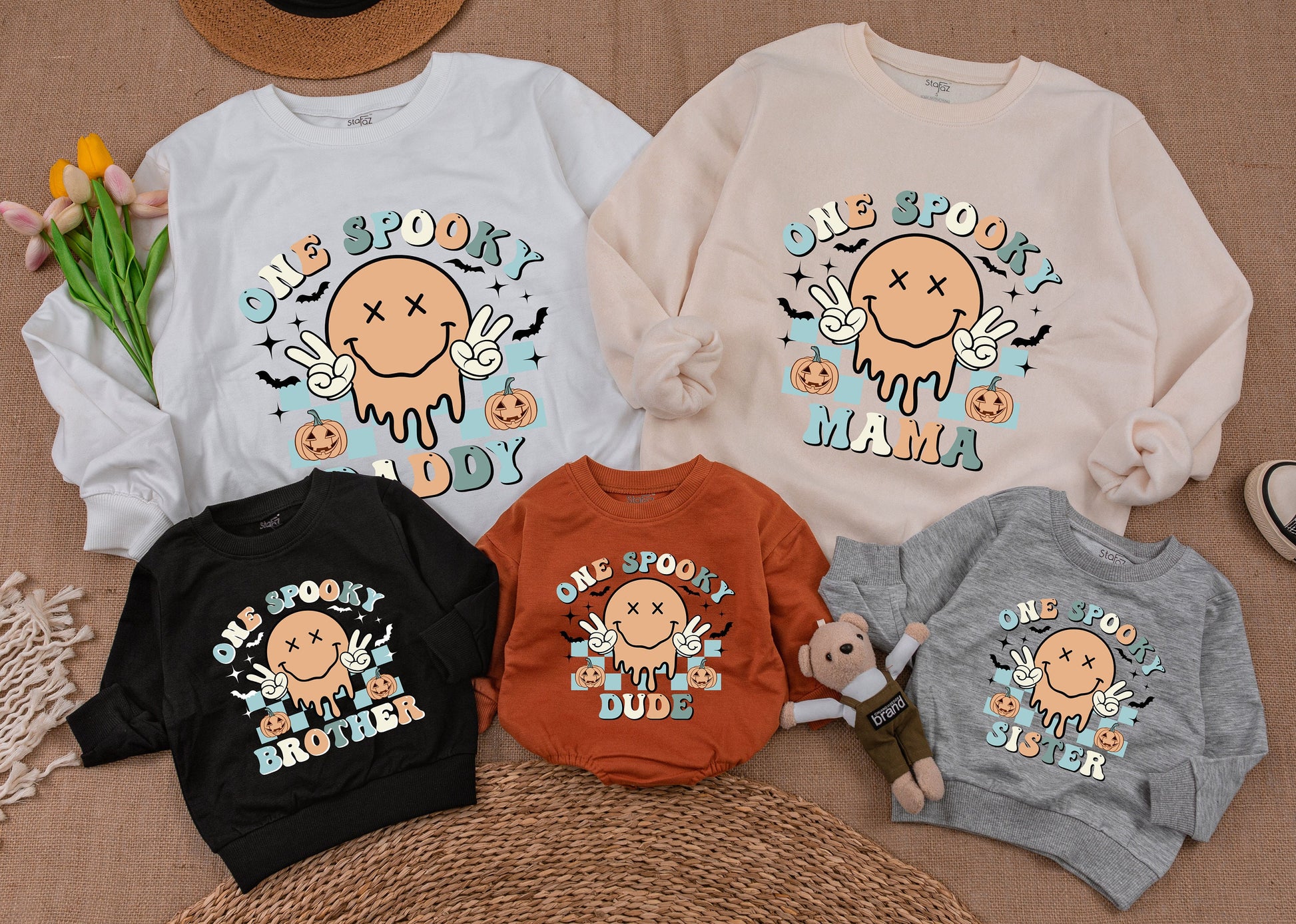 One Spooky Dude Halloween Birthday Sweatshirt 1st Baby Boy Retro Smiley Face Melting Pastel Pumpkin Patch Checkered Design Family Apparel