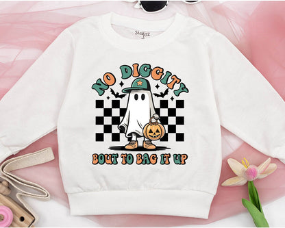 Retro Halloween Ghost Sweatshirt No Diggity Bout To Bag It Up Cartoon Toddler Baby Kid Fall Vintage Spooky Orange Green Tan Black White Bats