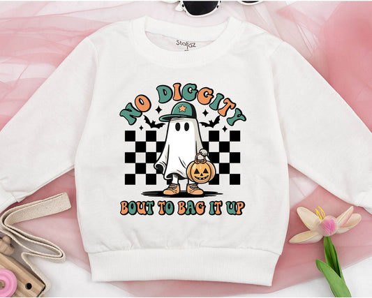 Retro Halloween Ghost Sweatshirt No Diggity Bout To Bag It Up Cartoon Toddler Baby Kid Fall Vintage Spooky Orange Green Tan Black White Bats