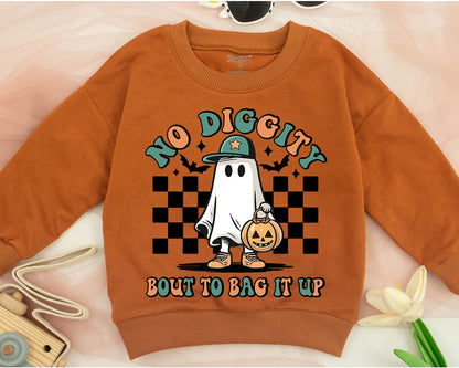 Retro Halloween Ghost Sweatshirt No Diggity Bout To Bag It Up Cartoon Toddler Baby Kid Fall Vintage Spooky Orange Green Tan Black White Bats