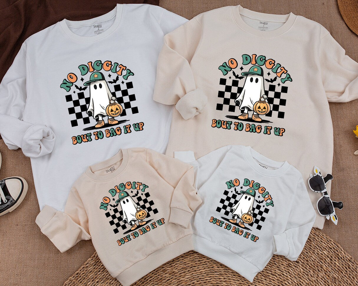 Retro Halloween Ghost Sweatshirt No Diggity Bout To Bag It Up Cartoon Toddler Baby Kid Fall Vintage Spooky Orange Green Tan Black White Bats