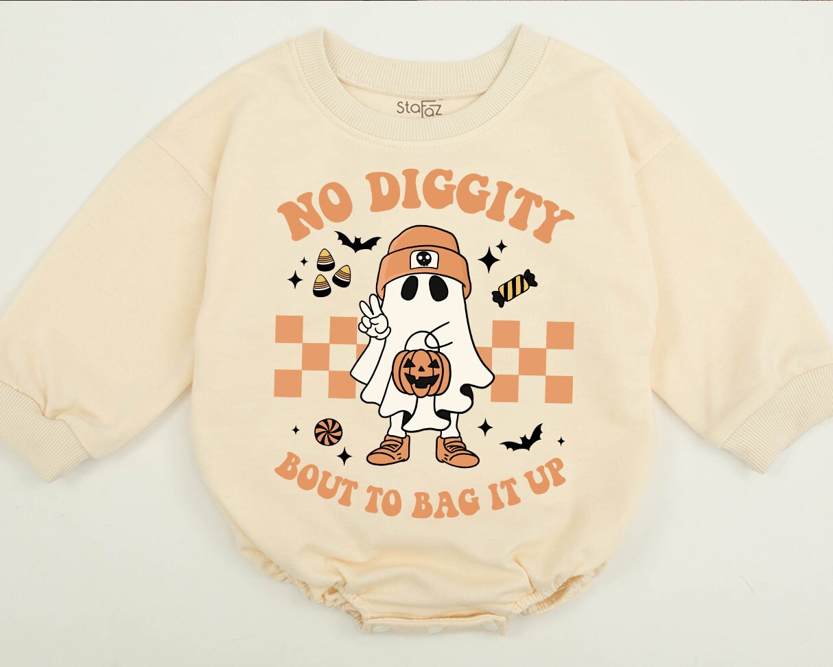 No Diggity Bout To Bag It Up Retro Halloween Ghost Sweatshirt Beanie Jack-o-Lantern Checkered vintage whimsical toddler kid top