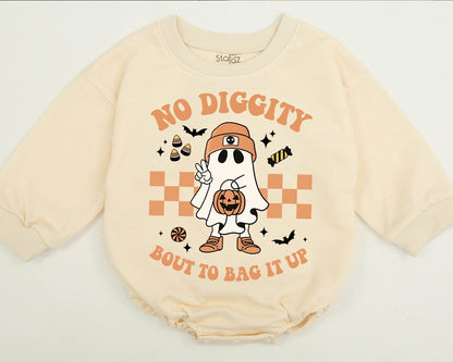 No Diggity Bout To Bag It Up Retro Halloween Ghost Sweatshirt Beanie Jack-o-Lantern Checkered vintage whimsical toddler kid top