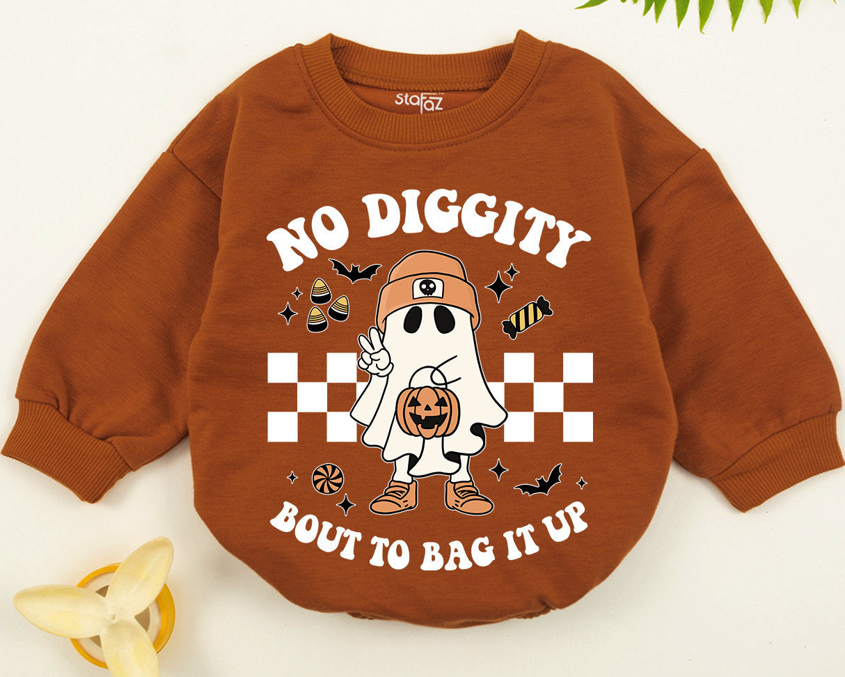 No Diggity Bout To Bag It Up Retro Halloween Ghost Sweatshirt Beanie Jack-o-Lantern Checkered vintage whimsical toddler kid top
