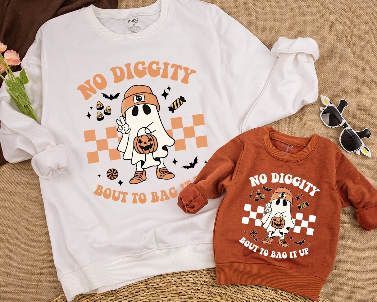 No Diggity Bout To Bag It Up Retro Halloween Ghost Sweatshirt Beanie Jack-o-Lantern Checkered vintage whimsical toddler kid top
