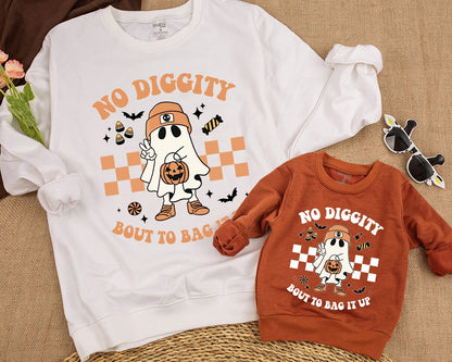 No Diggity Bout To Bag It Up Retro Halloween Ghost Sweatshirt Beanie Jack-o-Lantern Checkered vintage whimsical toddler kid top