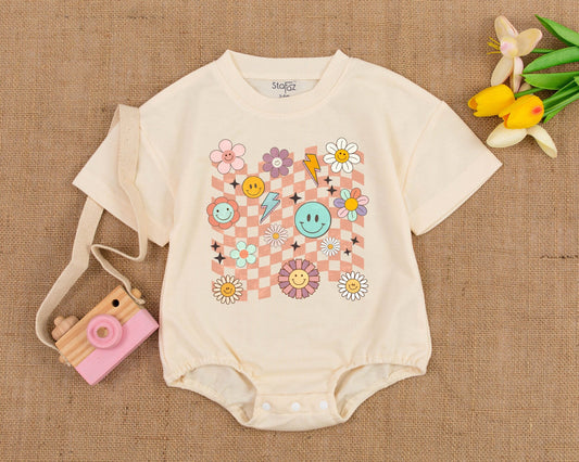 Retro Smile Face Baby Romper Short Sleeve Girl Birthday Outfit Vintage Bubble Design Comfortable Boho Clothes Toddler Gift