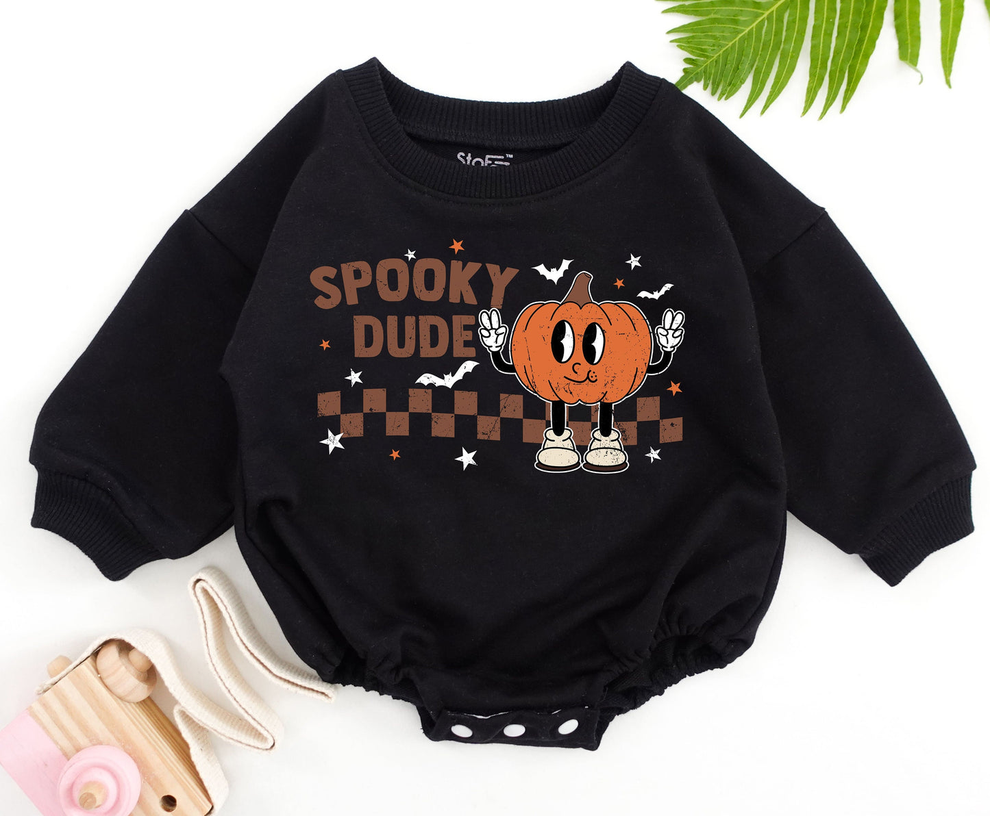 Retro Checkered Ghost Romper, Cute Halloween Baby Bodysuit Outfit