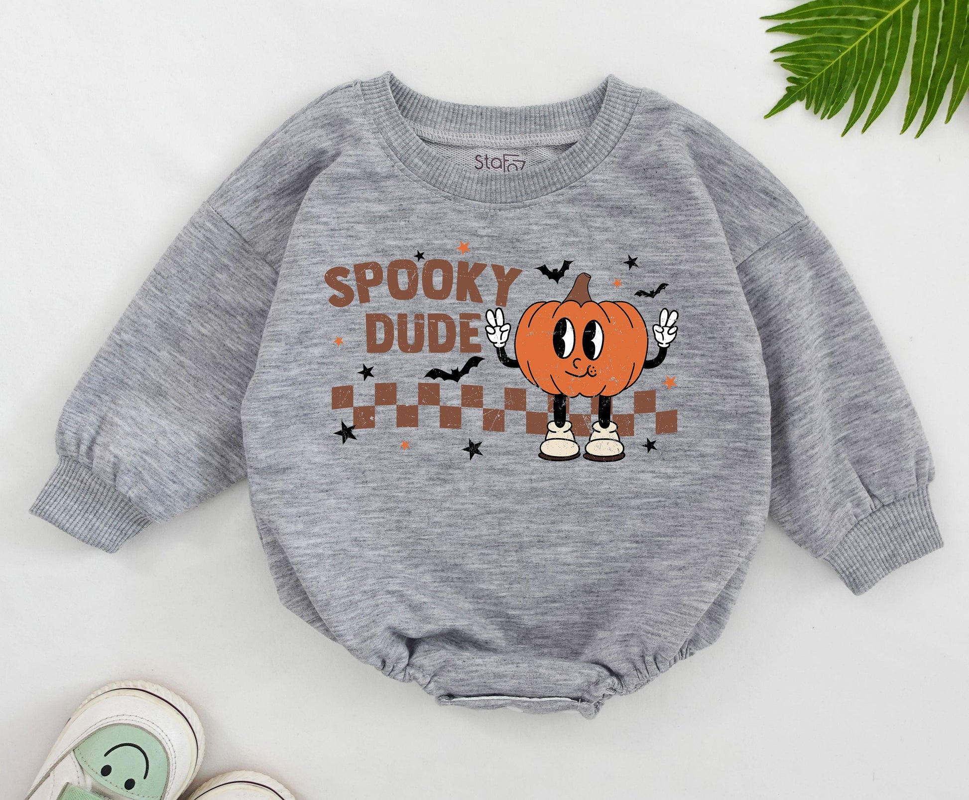 Retro Checkered Ghost Romper, Cute Halloween Baby Bodysuit Outfit