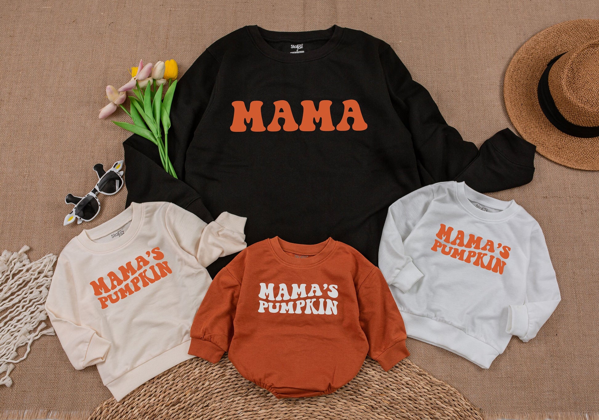 Mama and Mama's Pumpkin Fall Sweatshirts Retro Playful Mommy and Me Matching Cozy Mom Baby Toddler Thanksgiving Outfit