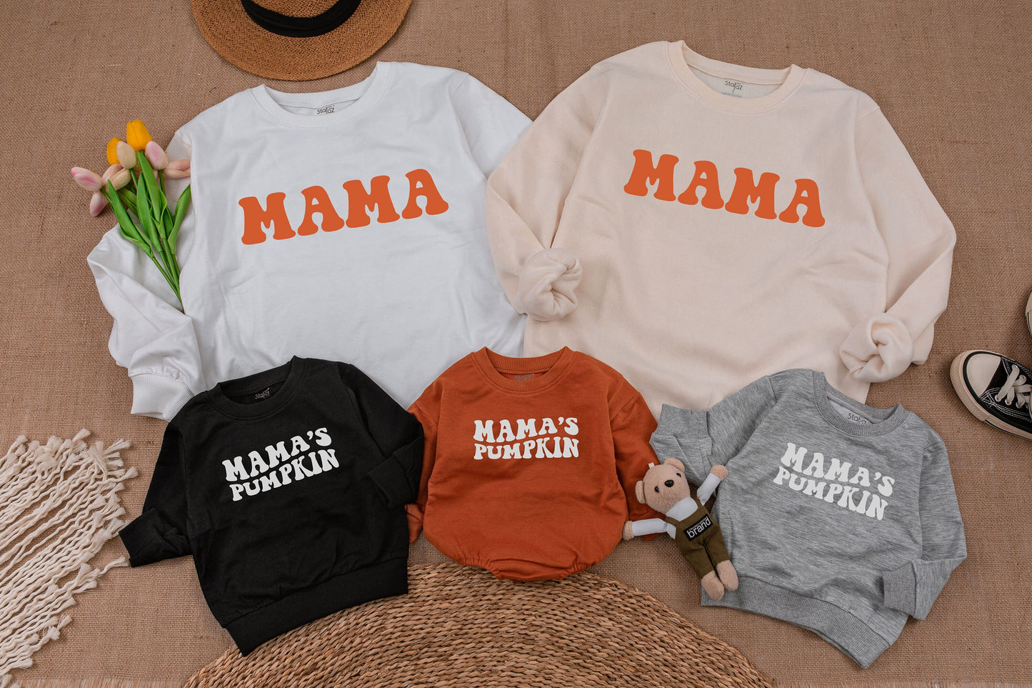Mama and Mama's Pumpkin Fall Sweatshirts Retro Playful Mommy and Me Matching Cozy Mom Baby Toddler Thanksgiving Outfit