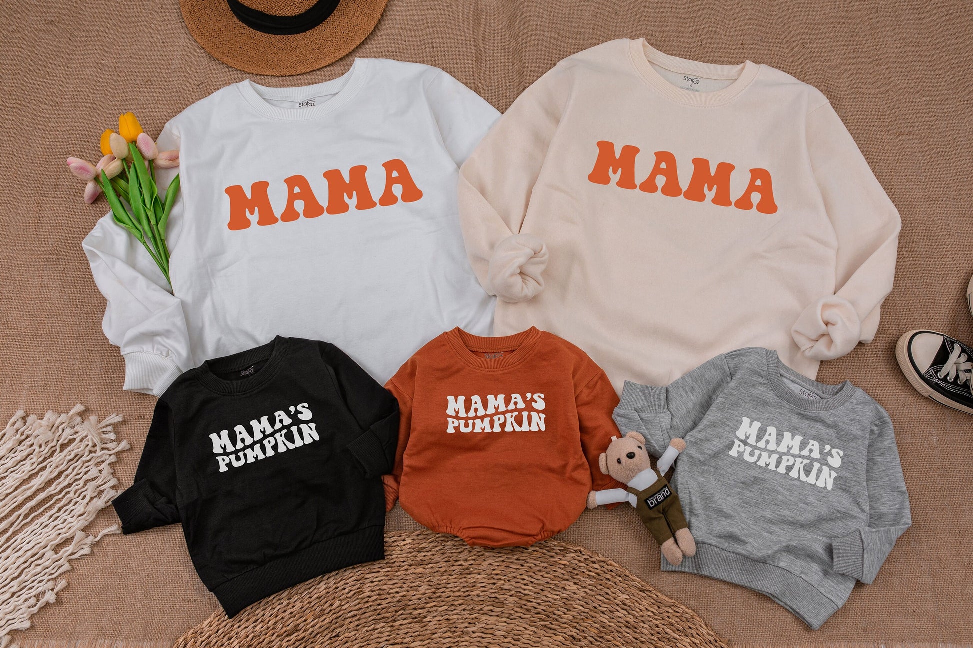 Mama and Mama's Pumpkin Fall Sweatshirts Retro Playful Mommy and Me Matching Cozy Mom Baby Toddler Thanksgiving Outfit