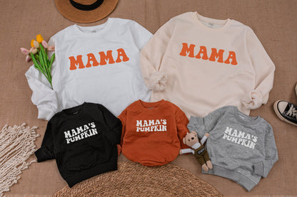Mama and Mama's Pumpkin Fall Sweatshirts Retro Playful Mommy and Me Matching Cozy Mom Baby Toddler Thanksgiving Outfit