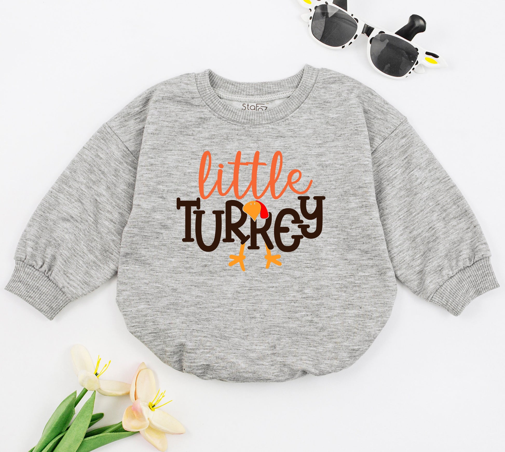 Thanksgiving Baby Girl Outfit - Cozy Retro Turkey Romper & Oversized Sweat Set for 1st Thanksgiving, Personalized Gift