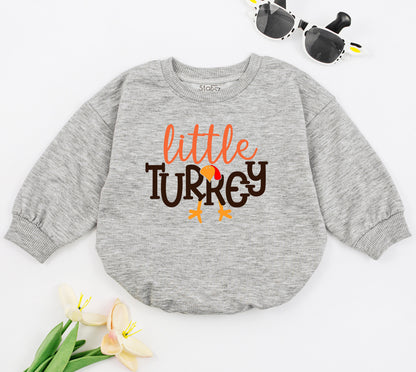 Thanksgiving Baby Girl Outfit - Cozy Retro Turkey Romper & Oversized Sweat Set for 1st Thanksgiving, Personalized Gift