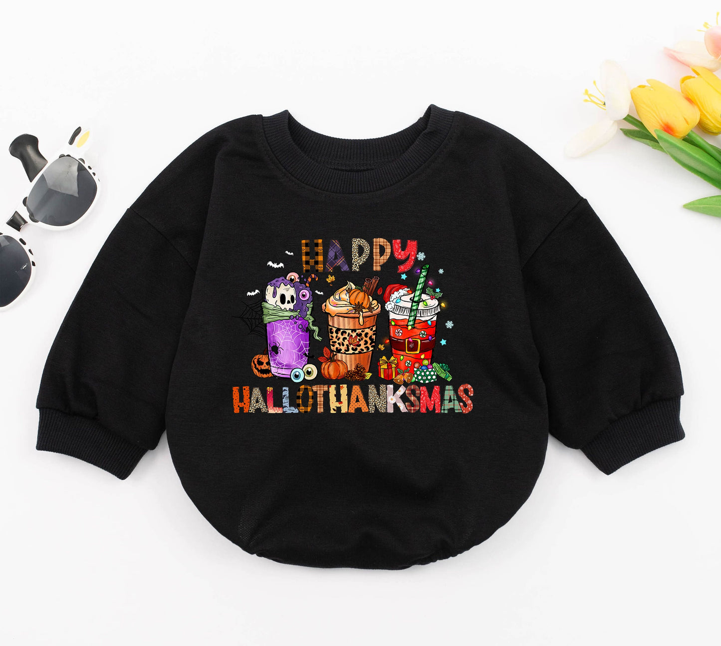 Hallothanksmas Baby Romper: Halloween to Christmas Cozy Outfit