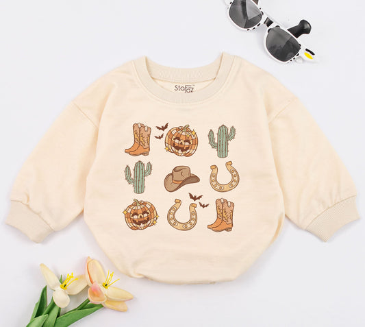 Pumpkin Cowboy Baby Romper for 1st Halloween - Western Bodysuit  