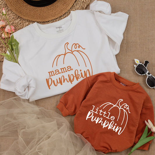 Mama and Little Pumpkin Sweatshirt Set Mommy and Me Matching Outfits Baby Girl Romper Autumn Family Gift Cute Fall
