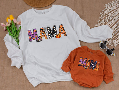Mommy and Me Halloween Mama Sweatshirt Whimsical Spooky Ghost Bat Pumpkin Spider Letter Design Orange Purple Black White Fall Outfit