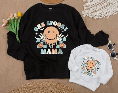 One Spooky Dude Halloween Birthday Sweatshirt 1st Baby Boy Retro Smiley Face Melting Pastel Pumpkin Patch Checkered Design Family Apparel