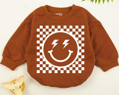 Bold Retro Checkered Smiley Face Kids Sweatshirt Vintage Happy Eye Design Playful Black and White Pattern Apparel Comfortable Toddler Youth Top