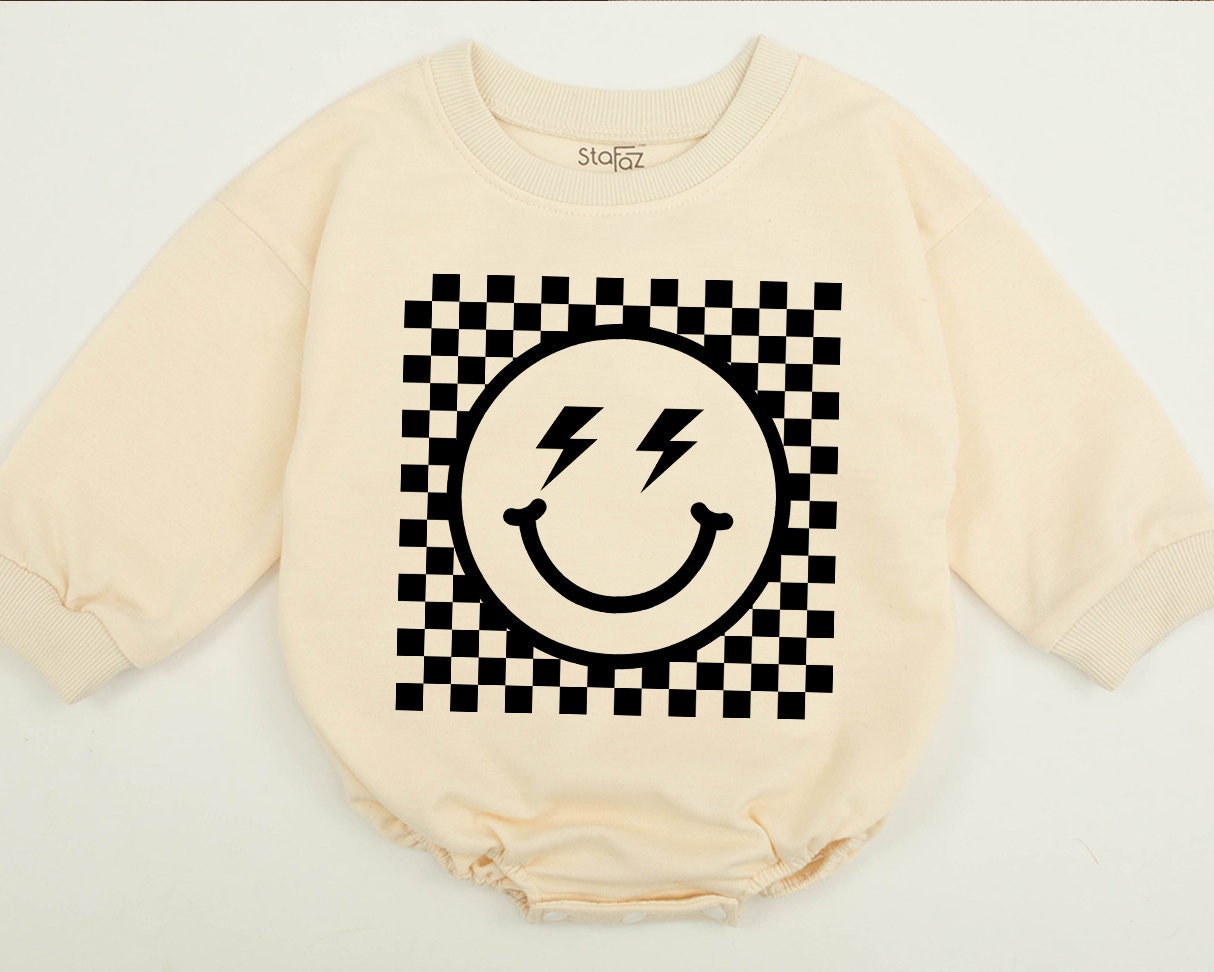 Bold Retro Checkered Smiley Face Kids Sweatshirt Vintage Happy Eye Design Playful Black and White Pattern Apparel Comfortable Toddler Youth Top