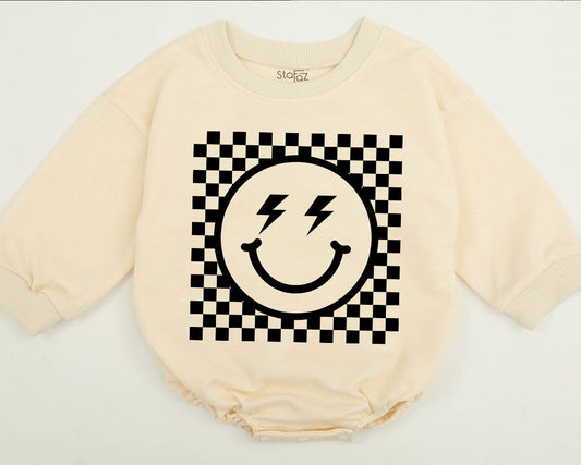 Bold Retro Checkered Smiley Face Kids Sweatshirt Vintage Happy Eye Design Playful Black and White Pattern Apparel Comfortable Toddler Youth Top